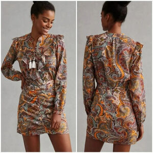 Anthropologie, New, Orange Paisley Boho Tie Up Tassel Ruched Mini Dress, Size 8